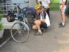 Michael finally pumps his rear tyre outside Jona-Rapperswil Youth Hostel